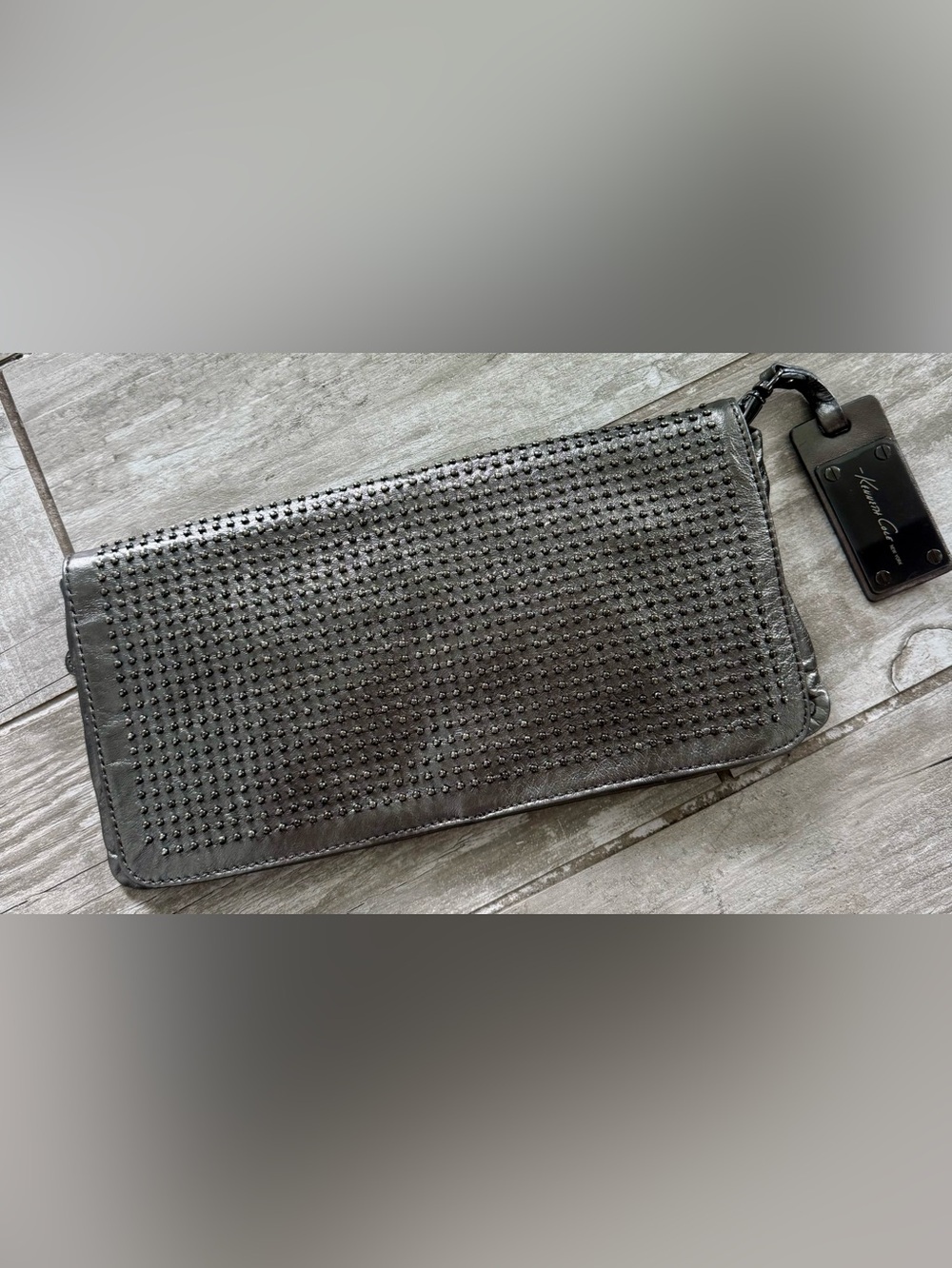 Kenneth Cole New York Metallic Pewter Leather Studded Clutch